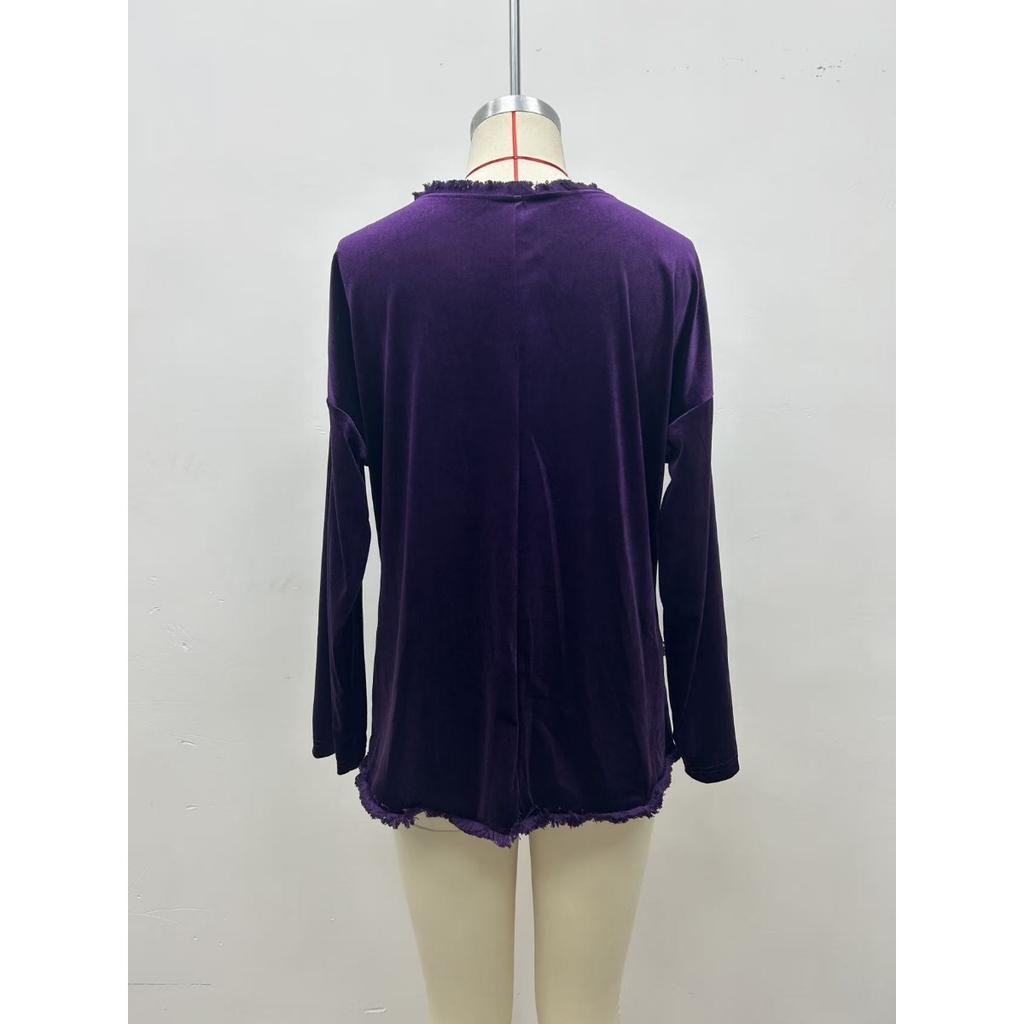 Women's European & American Style Velvet Patchwork Tassel Crew Neck Long Sleeve Top