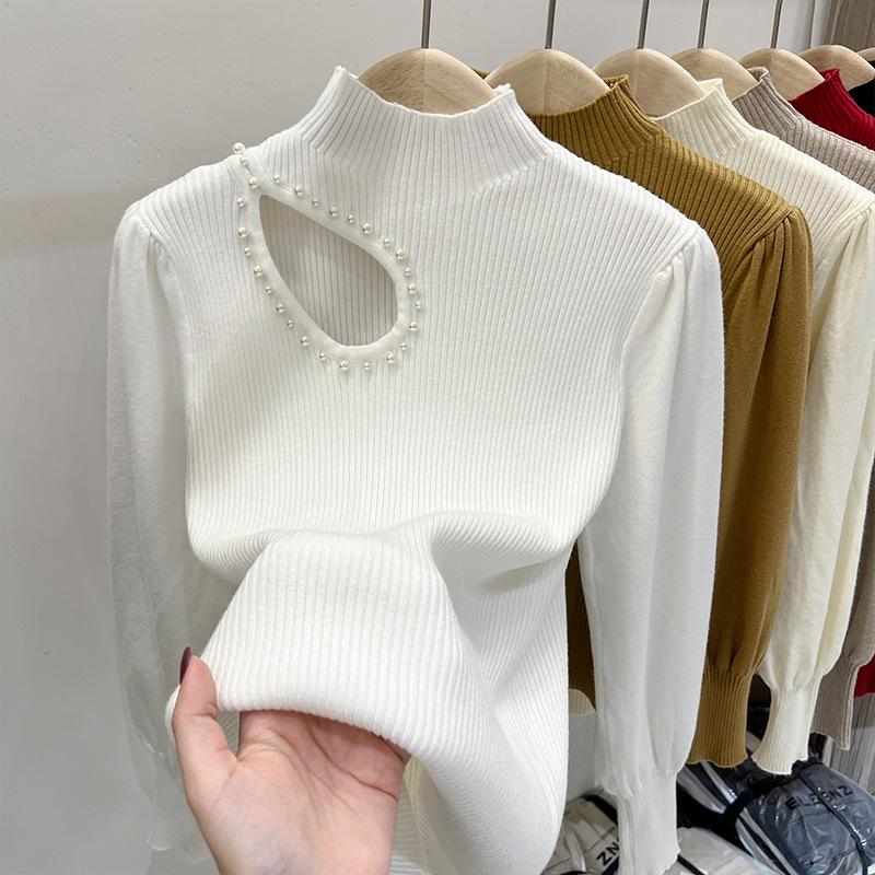 Women's High Neck Beaded Hollow-Out Knitted Sweater - Long-Sleeve Autumn/Winter Design