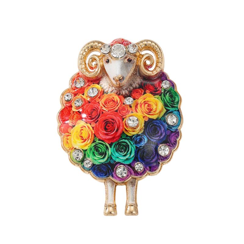 1Pcs Lovely Flower Sheep Brooches For Women Unisex 6-Color Rhinestone Year Of The Sheep Animal Party Office Brooch Pin Gift