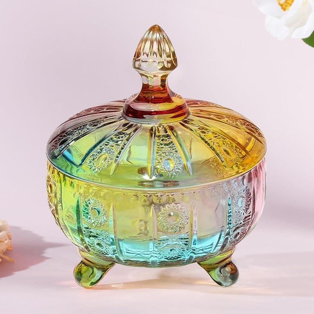 Glass Candy Dish with Non-Airtight Lid,Rainbow Candy Jar,Colorful Embossed Vintage Candy Bowl with Lid for Office Desk Coffee Table,Buffet Storage
