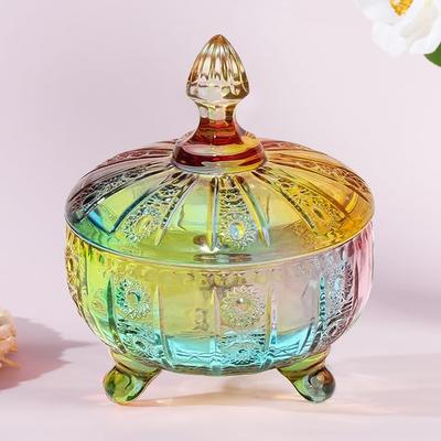 Glass Candy Dish with Non-Airtight Lid,Rainbow Candy Jar,Colorful Embossed Vintage Candy Bowl with Lid for Office Desk Coffee Table,Buffet Storage