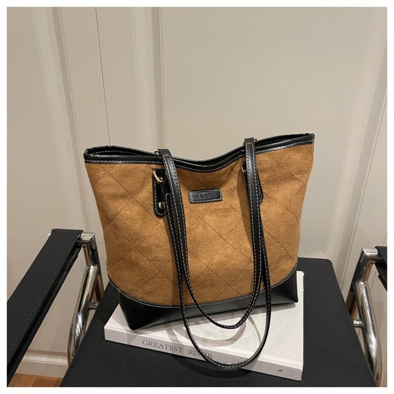 Large capacity commuter simple tote bag autumn new fashion diamond handbag retro splicing shoulder bag