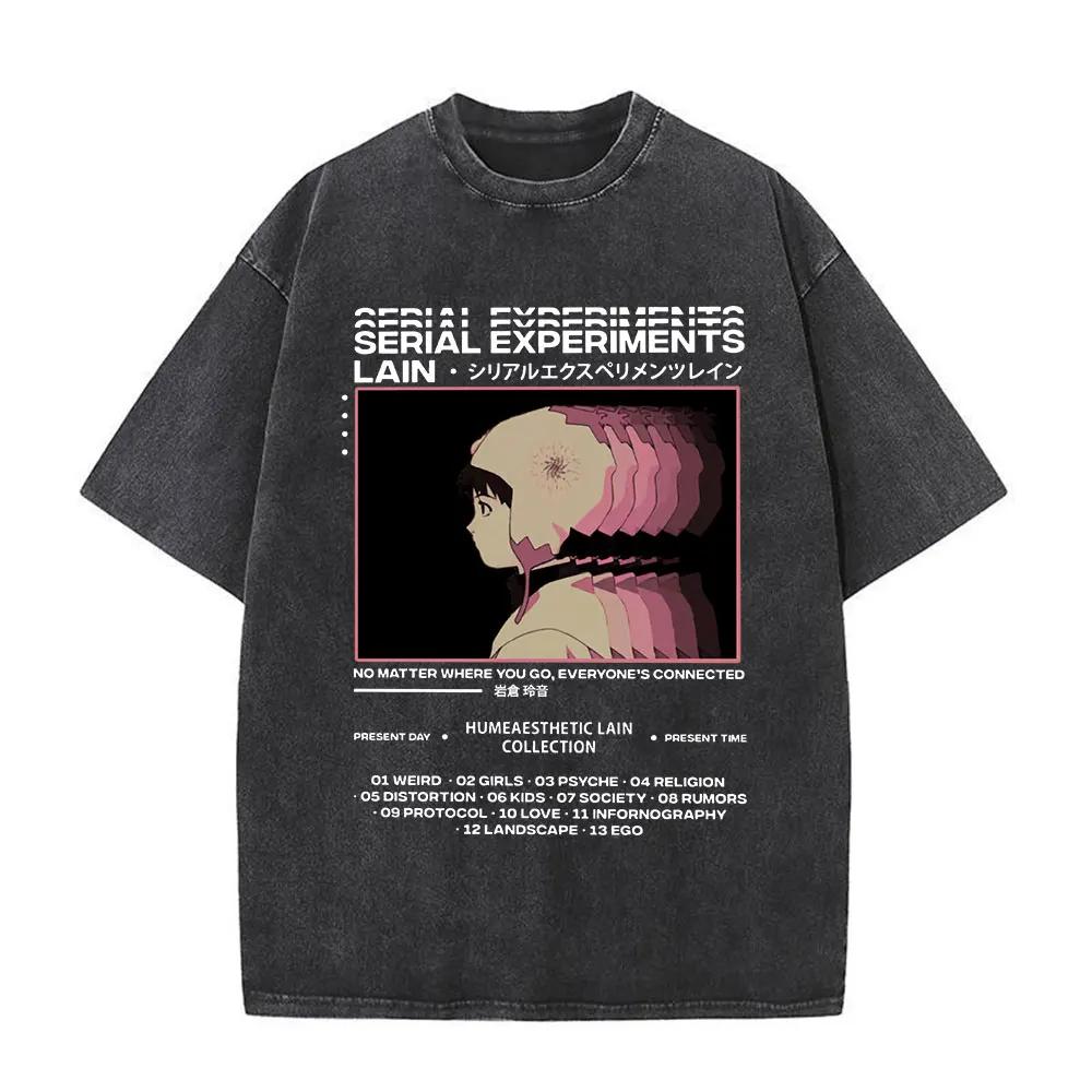 Washed Vintage Anime Serial Experiments Lain Face Graphic Tshirt Manga Girl Sci Fi Yk T Shirt Men Women Cotton Retro Tshirts