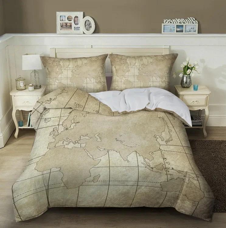 Nautische Karte Bettwäsche Set King Queen Braun Vintage Stil Seekarte Kompass Bettbezug Ozeankarte Polyester Bettdeckenbezug