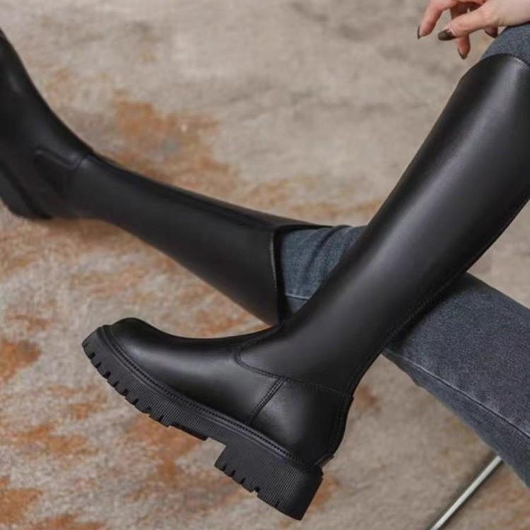 Small Man Long Barrel But Knee Height Boots Women's Knight Boots Black V-mouth High Boots Martin Boots Women