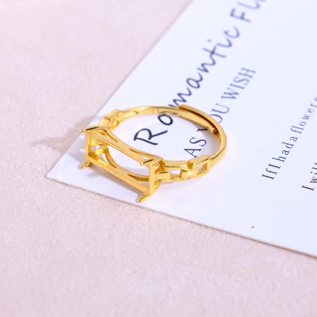 Gold-Plated S925 Sterling Silver Open Square Ring with Cutout Design - Women's Inlaid Setting Jewelry Accessory