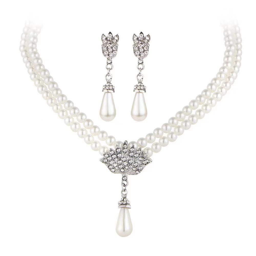 European and American Bridal Pearl Crystal Diamond Necklace & Earrings Set - Elegant Korean Style