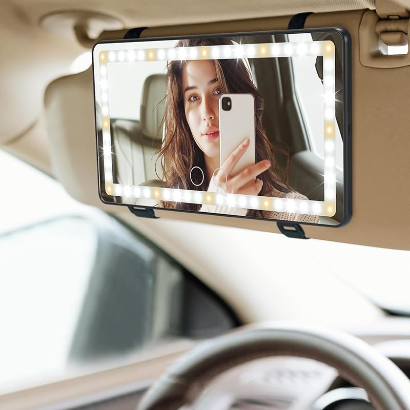 JOYTUTUS Car Sun Visor Vanity Mirror With Lights, 3 Light Modes & 60 LEDs, Rechargeable Dimmable Touch Control Travel Makeup Mirror For Truck SUV
