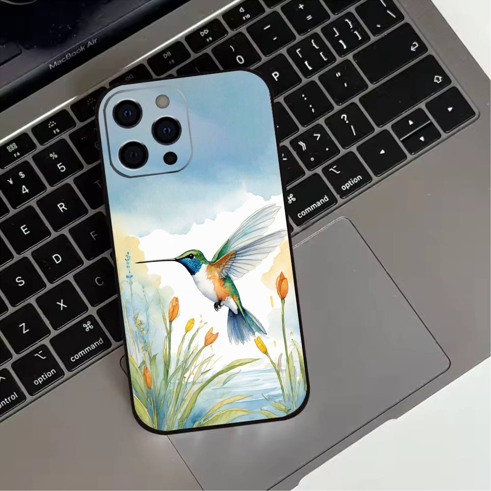 Bird Hummingbird Painting Phone Case For iPhone 17,16,15,14,13,12,11 Plus,Pro Max,XS,Soft Silicone Black Cover