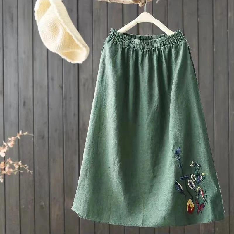 Maxikjol i linne för kvinnor med blommig brodyr Resår i midjan Avslappnad A-linje Lång kjol