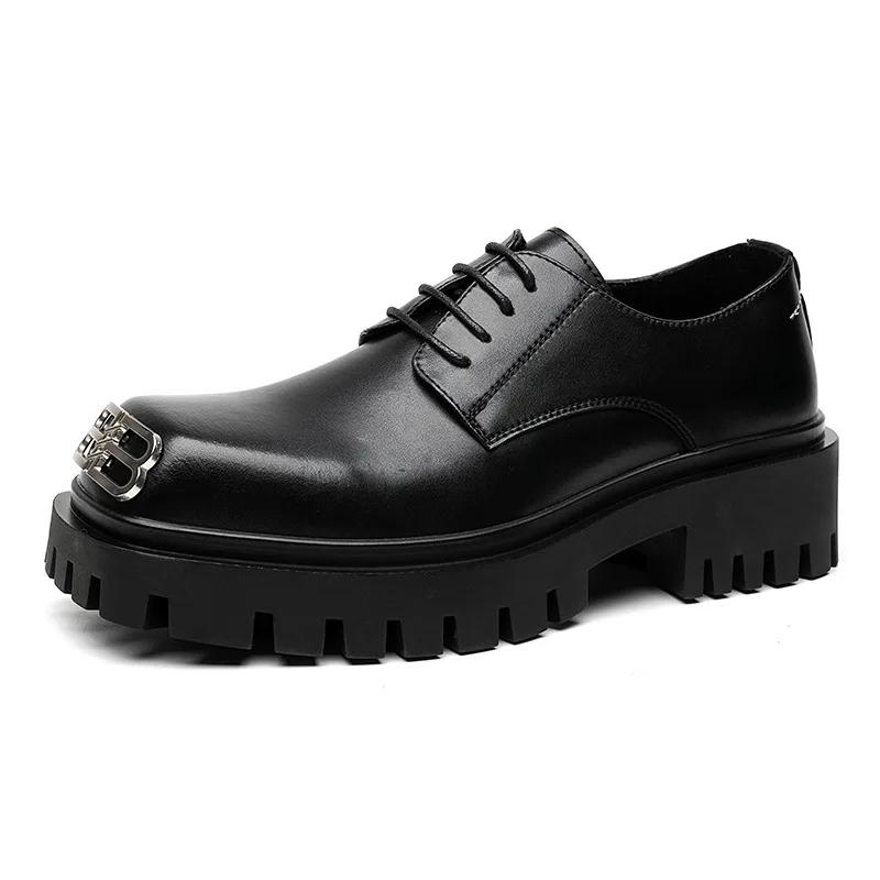 Men Casual Leather Shoes Fashion Derby Shoes Square Toe Trendy Designer Shoes for Men Sneaker Lace-up Thick Sole Heightened Shoe