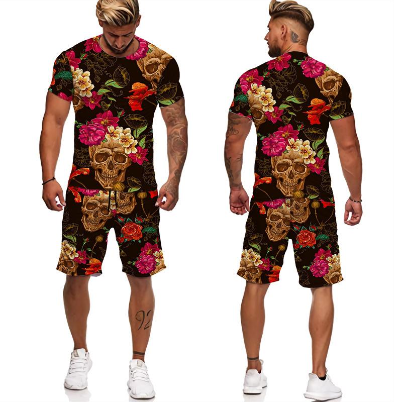 Skull Floral 3D Print Suit for Men Tshirts/Shorts 2pcs Vintage Outfits Sets Gothic Trendy Streetwear Tracksuit Clothing for Male