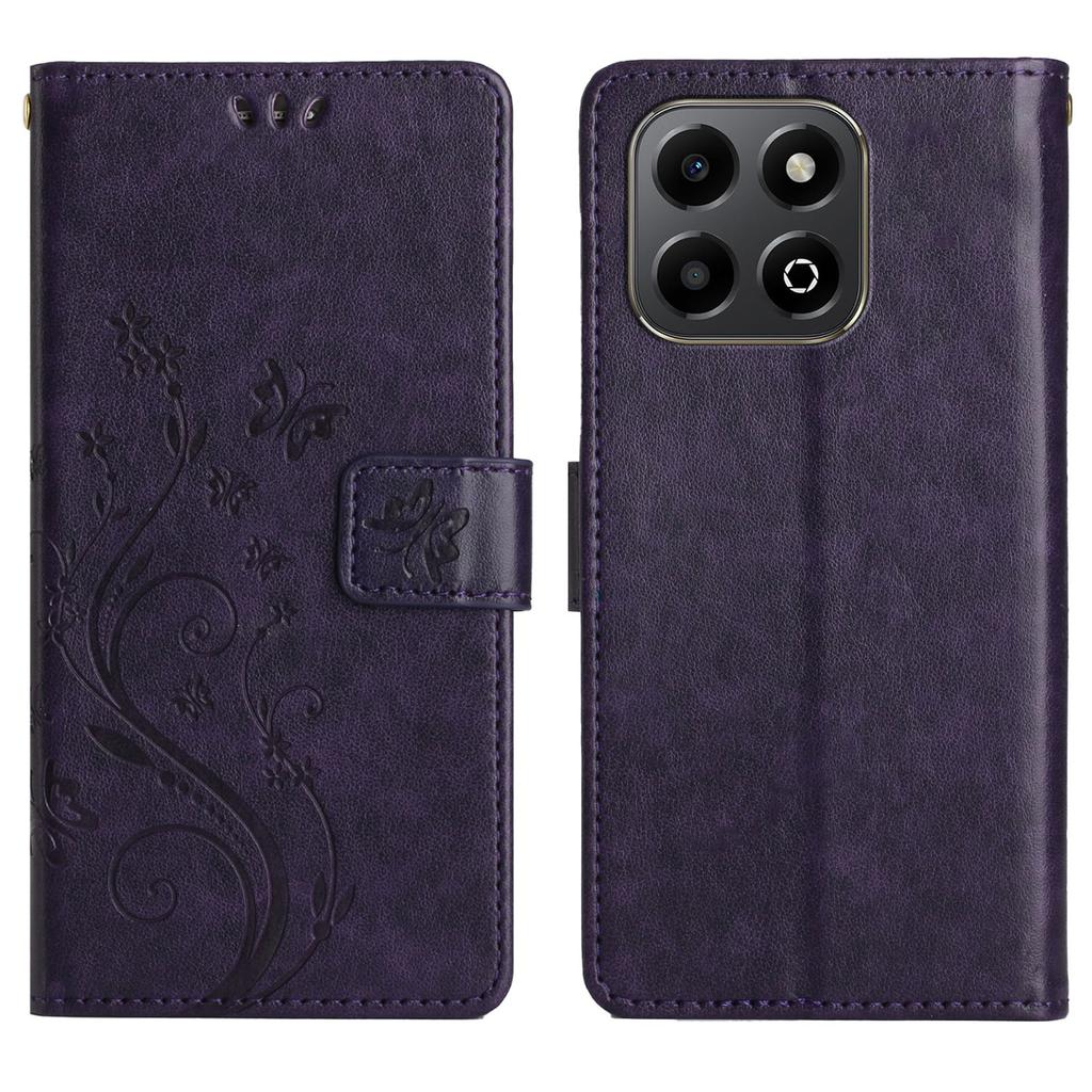 For Honor X6b 4G Leather Wallet Case Butterfly Flower Imprinted Phone Cover with Strap