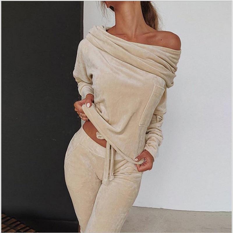 Ladies Sweatshirt Pants 2-piece Set Asymmetrical Strapless Velvet Sportswear Casual Wear Autumn and Winter S-5XL