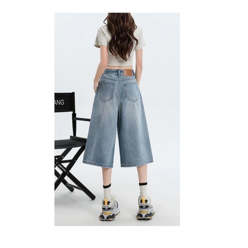 Women High Waist Wide Leg Denim Culottes Casual Light Blue Jeans