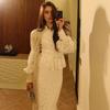 Cross-border European and American Women's Clothing  Stand-up Collar Button Lantern Sleeve Lace Court Style Top Fishtail Long Skirt Set