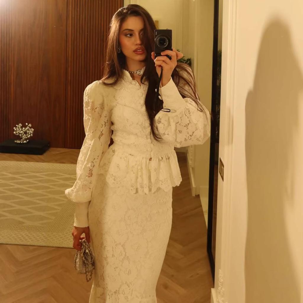Cross-border European and American Women's Clothing Stand-up Collar Button Lantern Sleeve Lace Court Style Top Fishtail Long Skirt Set
