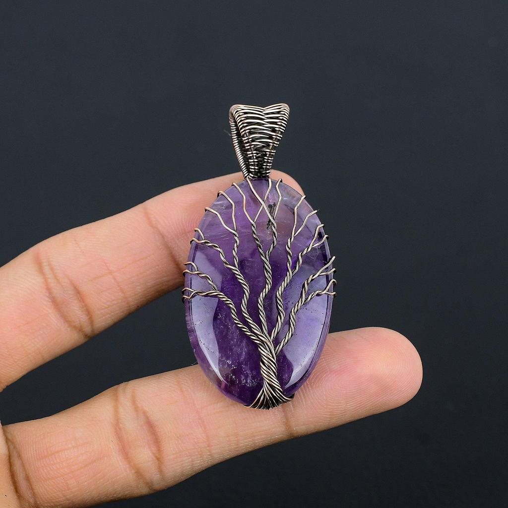Amethyst Pendant, Handmade Gemstone 999 Copper Wire Wrapped Pendant Antique Jewelry, For Gift Silver Jewelry