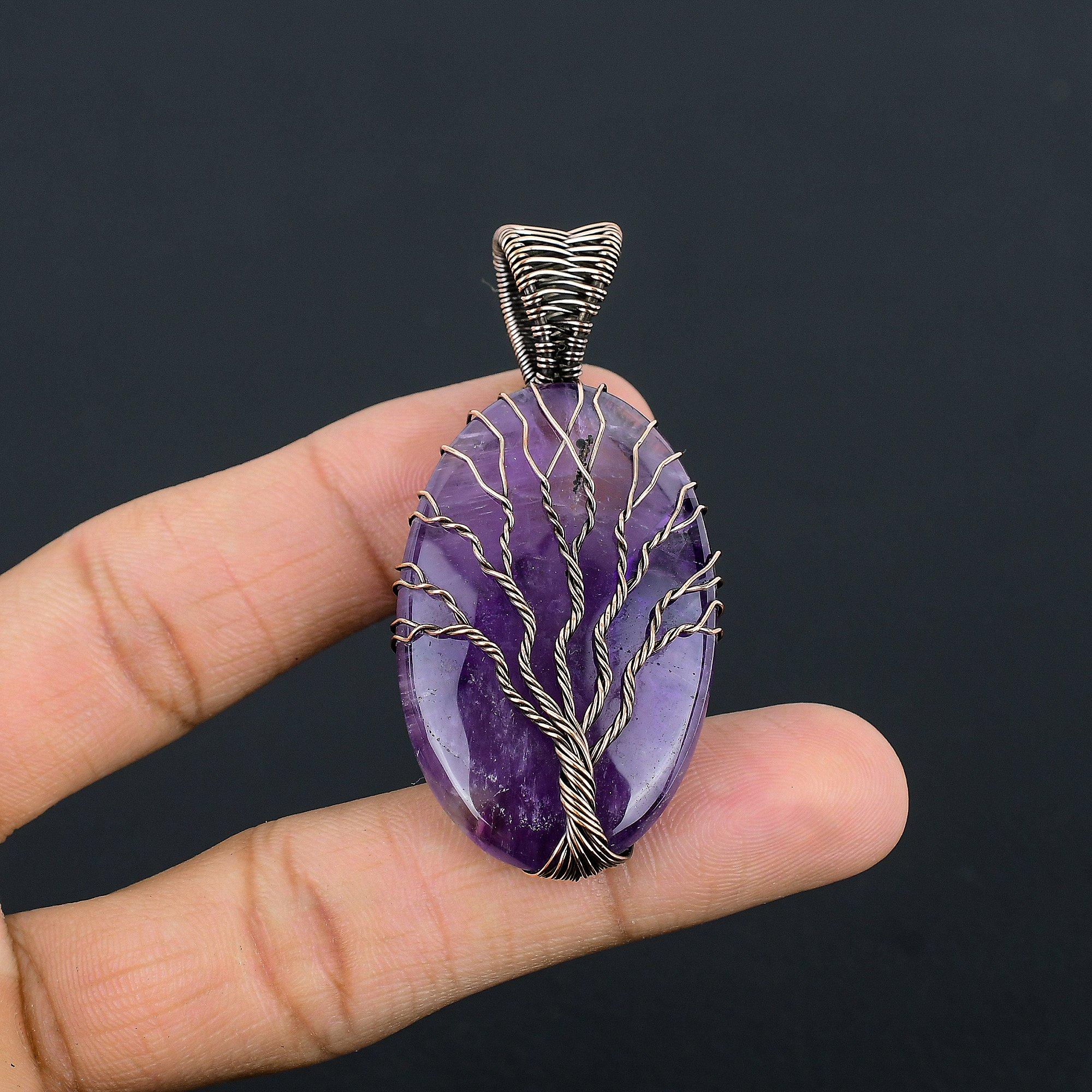 

Кулон с аметистом, Кулон ручной работы из драгоценного камня, обернутый медной проволокой 999 пробы, Антикварные украшения, Для подарка, Серебряные украшения 2.55 Inches
