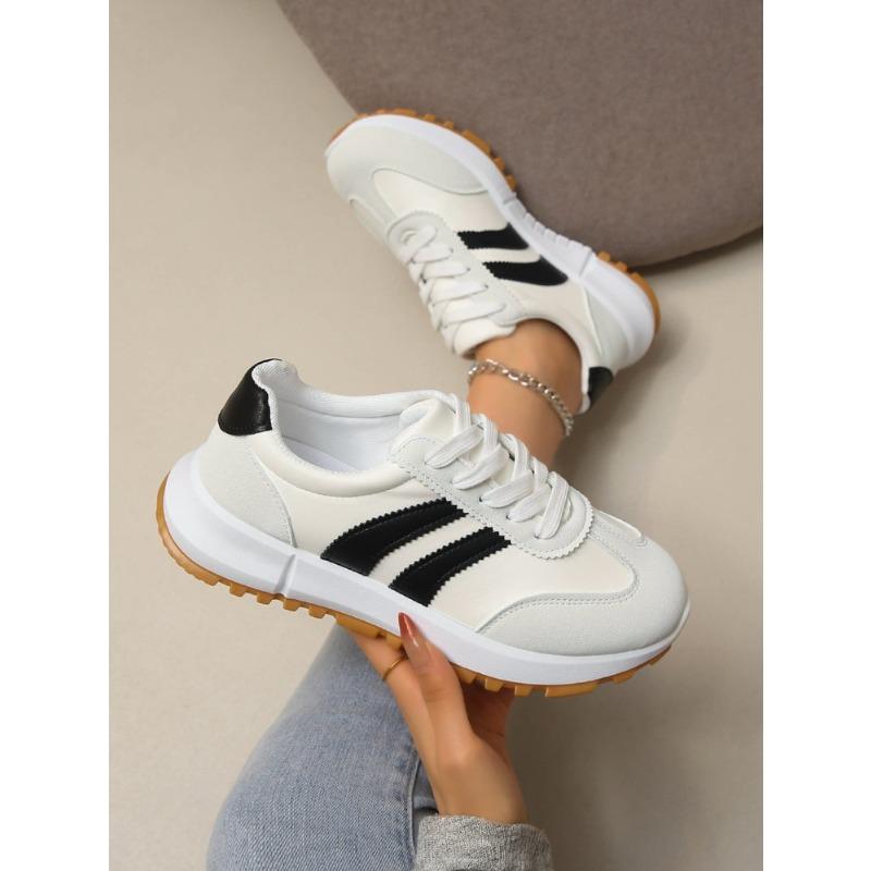 Women's Plus Size Round Toe Color Block Stripe Lace Up Casual Sneakers Autumn New Shoes