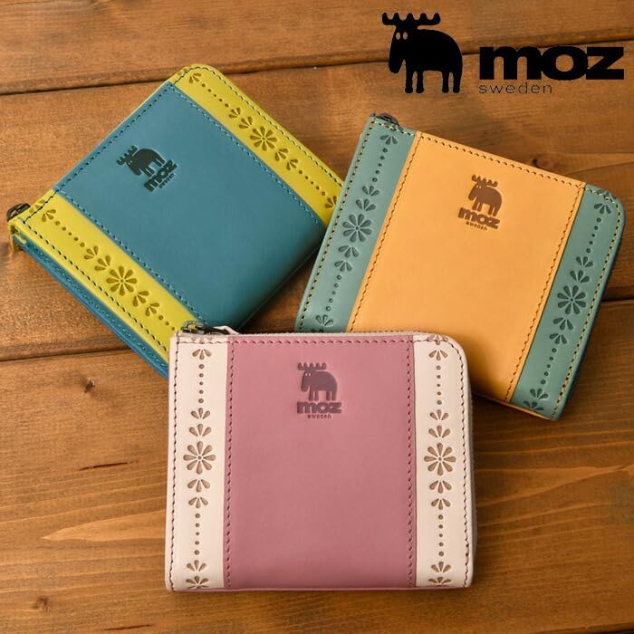 [moz] 86064 Genuine Leather L-Zip Short Wallet, Two-Tone Color Scheme, Palm-Sized, Elk Design, Women's, Blue