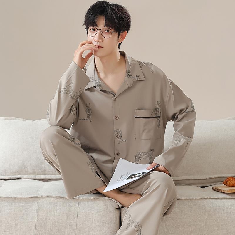 Autumn Winter Men Cotton Pajamas Long Sleeves Long Pants Pajama Sleepwear Lapel Fashion Man Homewear