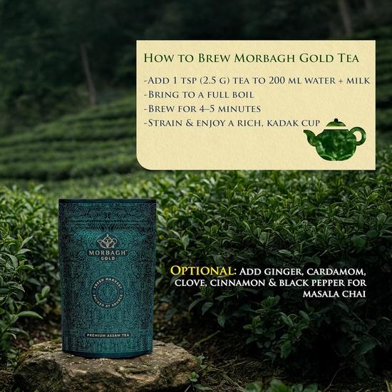 Morbagh Gold Tee - Premium Assam Teemischung (250 g - Packung mit 4) | Reichhaltiger Geschmack & Aromatisch | Perfekt für luxuriösen Milchtee & Chai