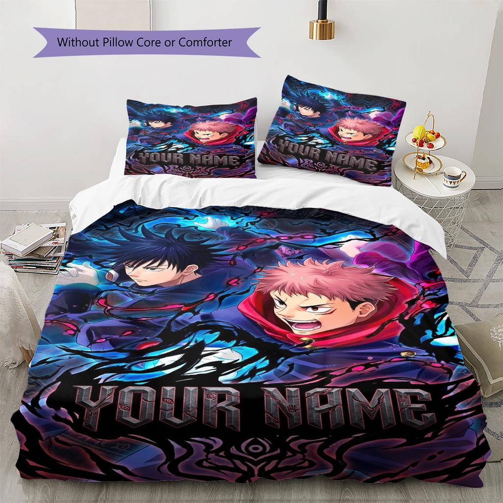 Nombre Personalizado Anime Jujutsu Kaisen Patrón Juego de Ropa de Cama Funda Nórdica Funda de Almohada Decoración del Hogar Regalo (1 * funda nórdica + 2 * fundas de almohada, sin núcleo)