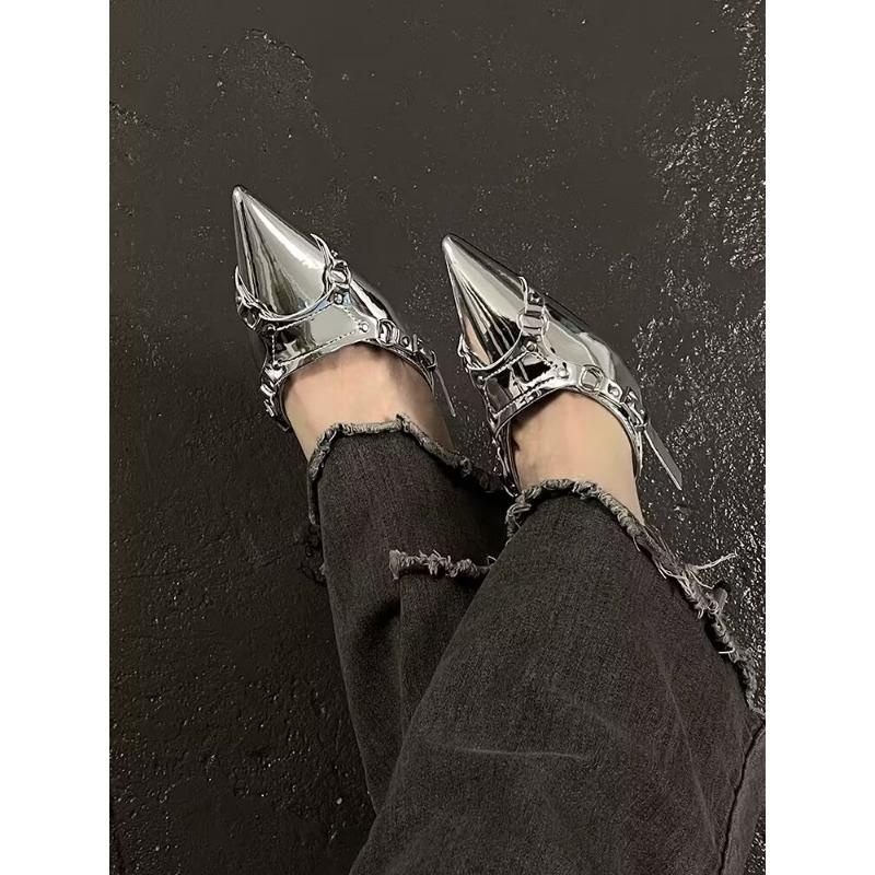 Silver High Heels Sandals Women Summer Punk Goth Pointed Toe Party Shoes Woman Metallic Thin Heeled Dress Pumps Ladies