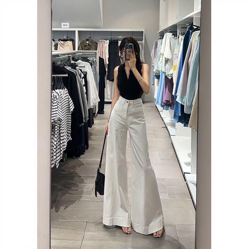 

Women s Retro Blue High-Waisted Wide-Leg Jeans - 2024 Spring/Autumn Style, Pocket Design, Floor-Length Large