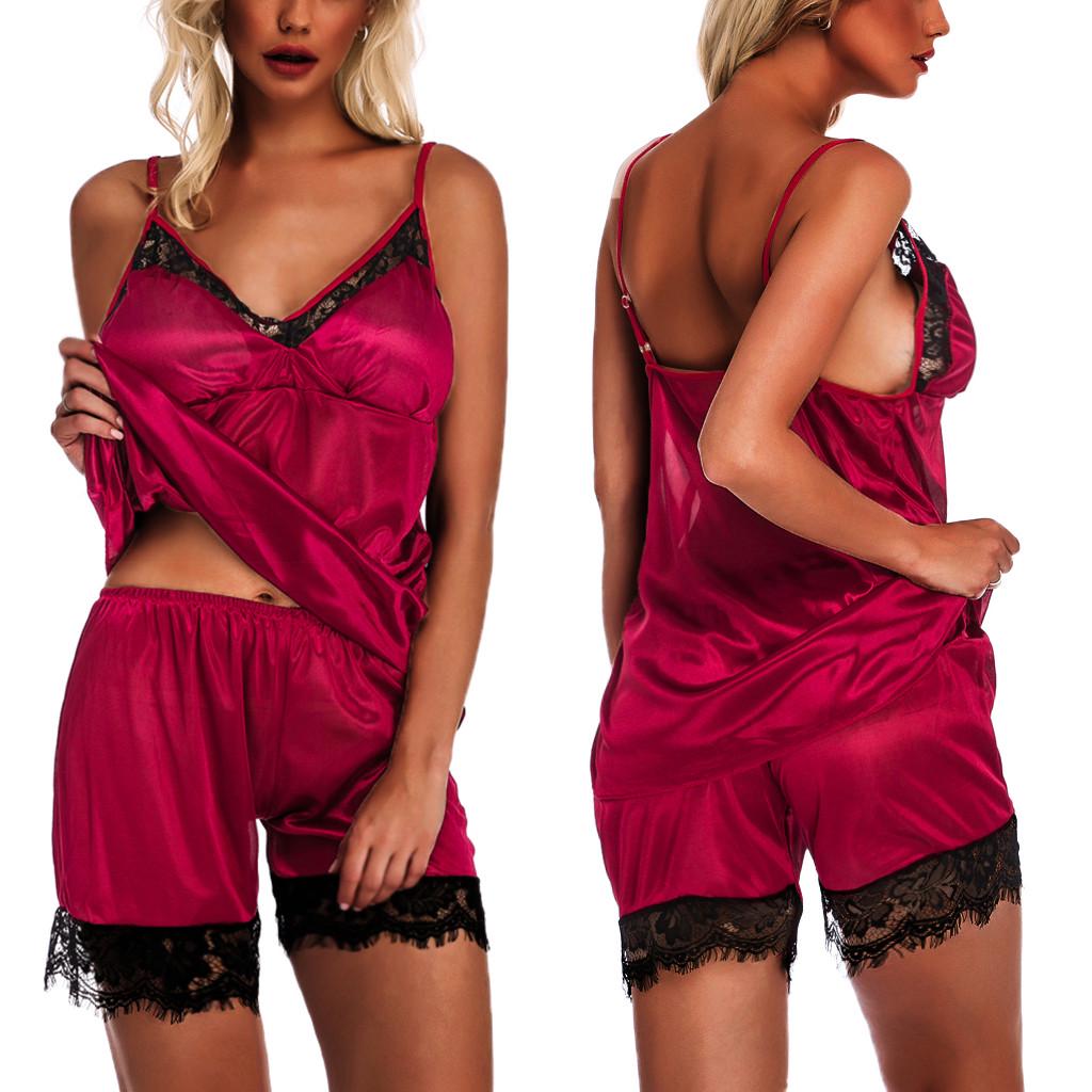 Women Sleepwear Sleeveless Strap Nightwear Lace Trim Satin Cami Top Pajama Sets