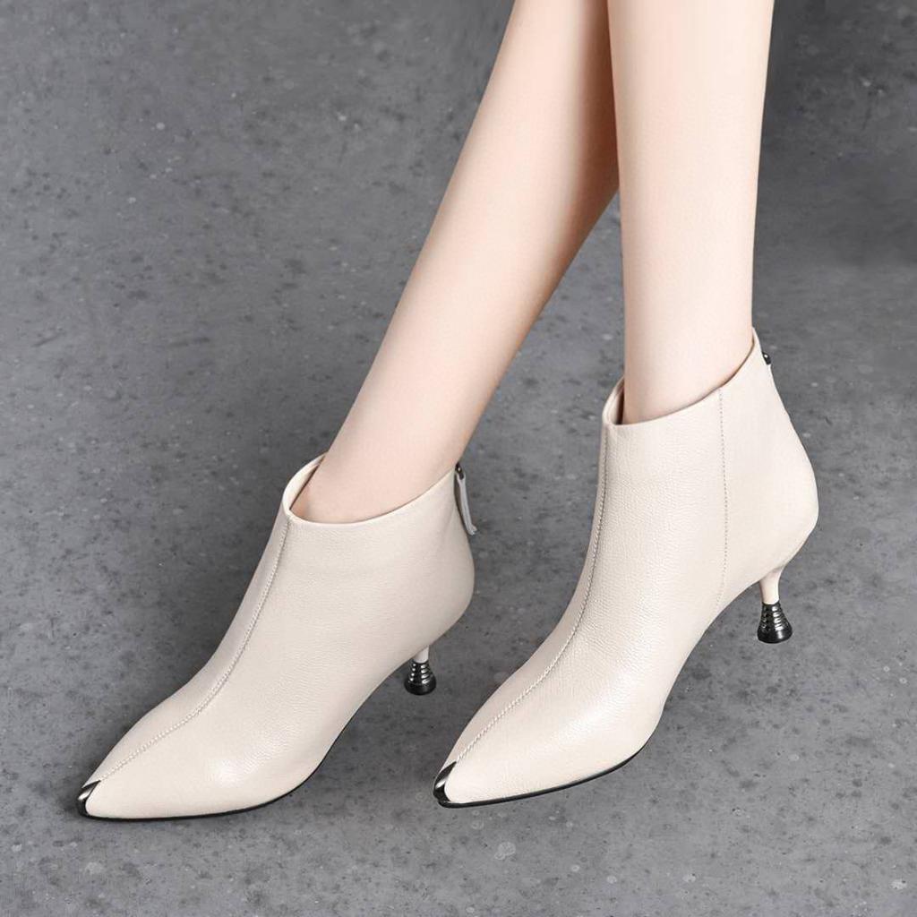 Fashion pointed toe bare boots early autumn new first-layer cowhide iron bag pointed rear zipper fashion short boots ankle boots