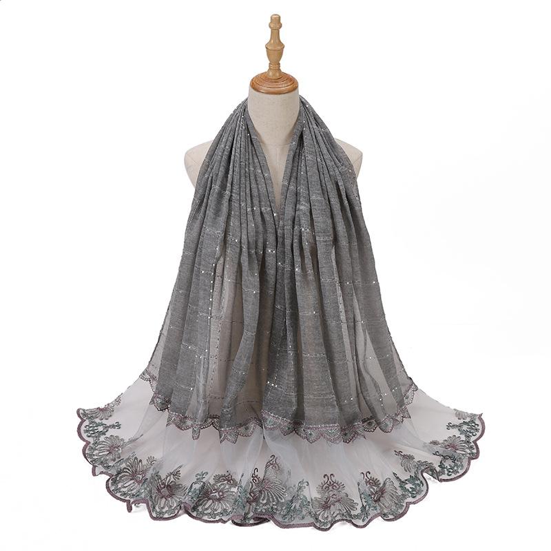 Glitter Scarf Islamic Long Shawls Wraps Luxury Flower Headscarf Headband New Embroidered Lace Sequins Hijab Stitching Splicing
