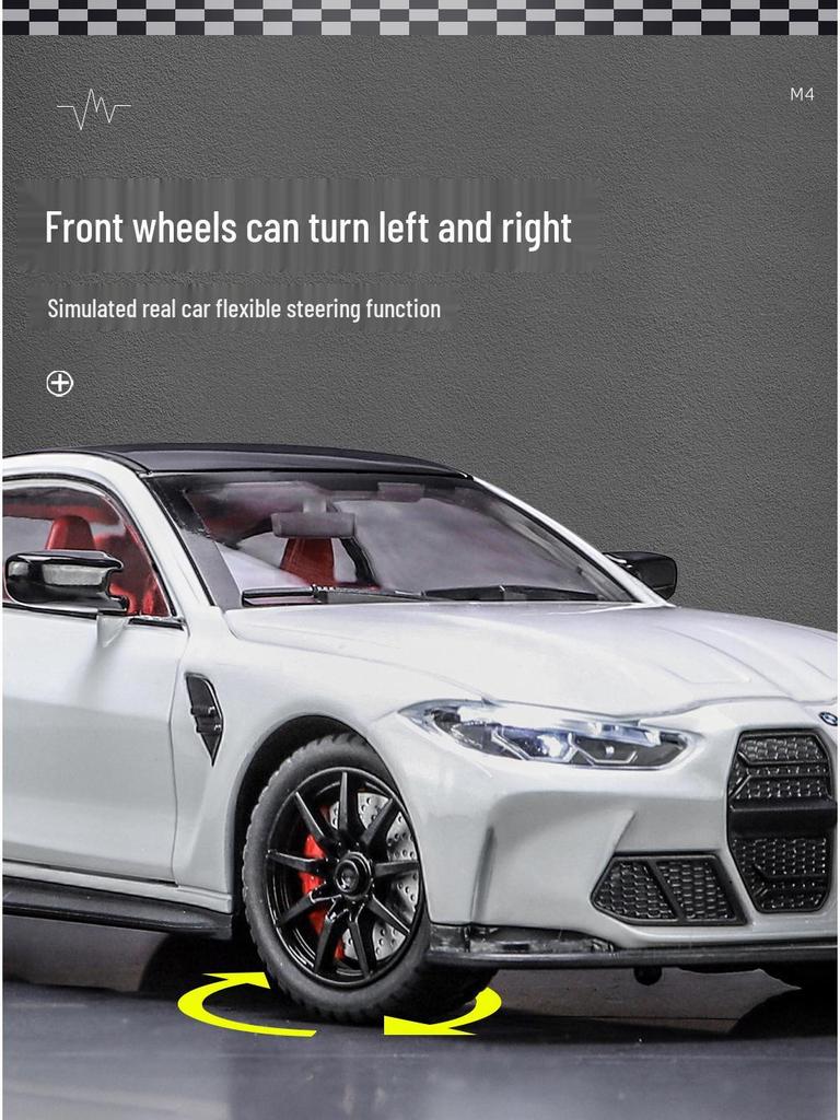 1:24 BMW M4 Diecast Car Model with Shock Absorption, Pull-Back, Steering, Sound, and Light Features.