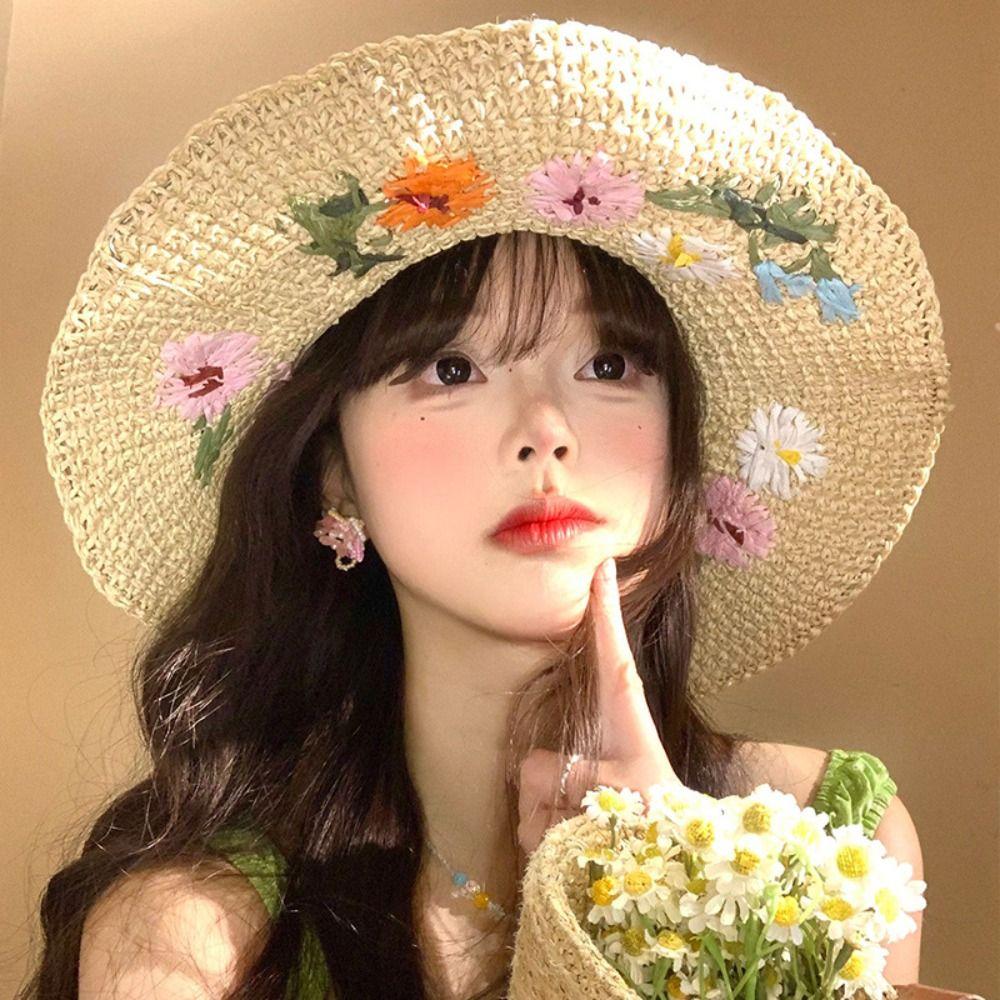 Embroidered Flower Flower Straw Hat Boho UV Protection Cap Sweet Women's Sun Hats  Travel