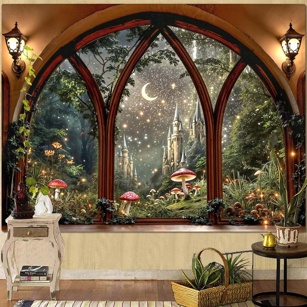 Forest Window Tapestry, Nature Outdoor Tree Wall Backdrop, Woodland Scene Large Mural For Bedroom Living Room Office Decor