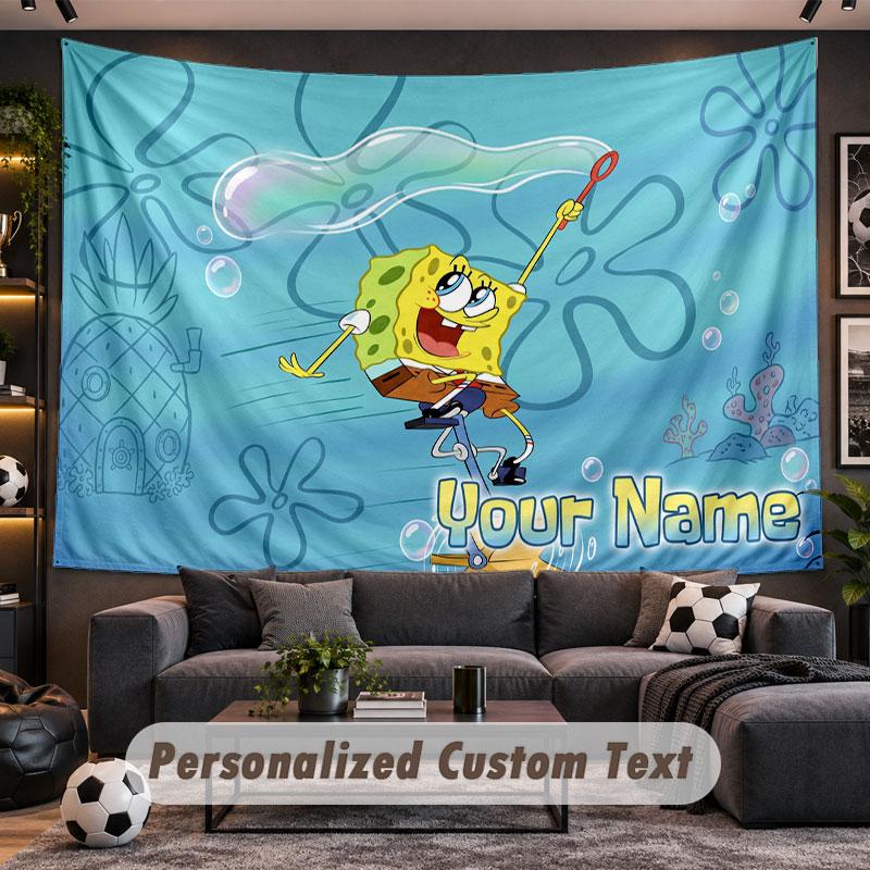 Wall Hanging Tapestry Custom NameSpongeBob Pattern Personalized Printed Fabric Wall Decor