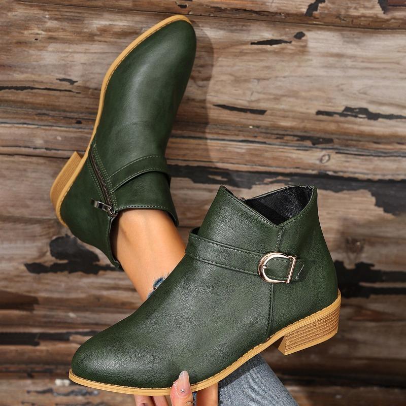 Women's Autumn-Winter Pointed-Toe Chunky-Heel Side-Zip Short Boots, Fashionable Comfortable Footwear, Available In Large Sizes.