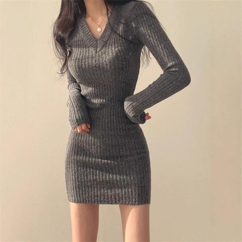 Women's Slimming V-Neck Knitted Sweater Dress - Autumn/Winter, Sexy Slim-Fit, Tight Hip-Hugging Design