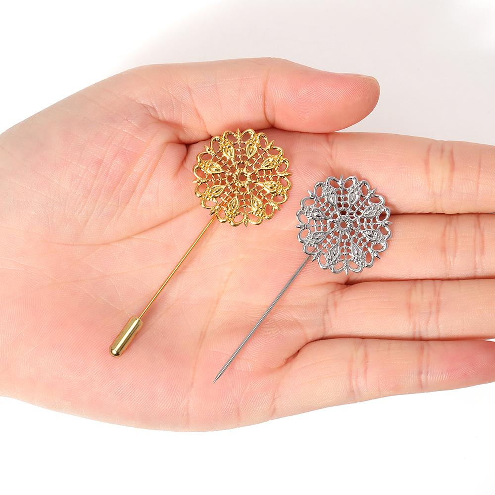 5pcs 25mm Brooch Filigree Flower Pin Base Boutonniere Hollow Out Stick Base Setting Lapel Brooch for Wedding Jewelry Making DIY