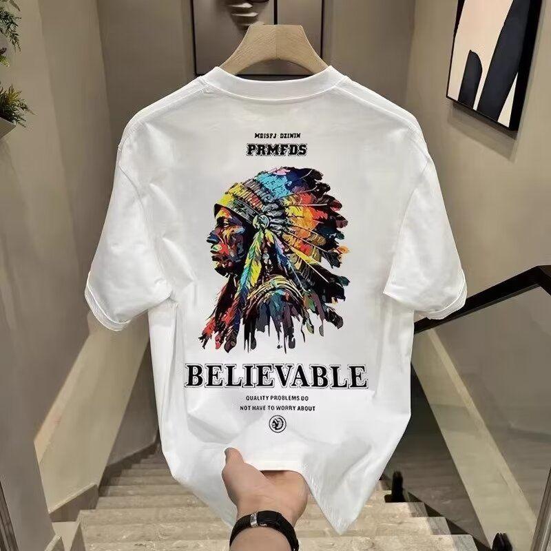 Pánské letní populární tričko s krátkým rukávem a kulatým výstřihem, trendy indický potisk, všestranné bavlněné hip hopové streetové prodyšné měkké tričko