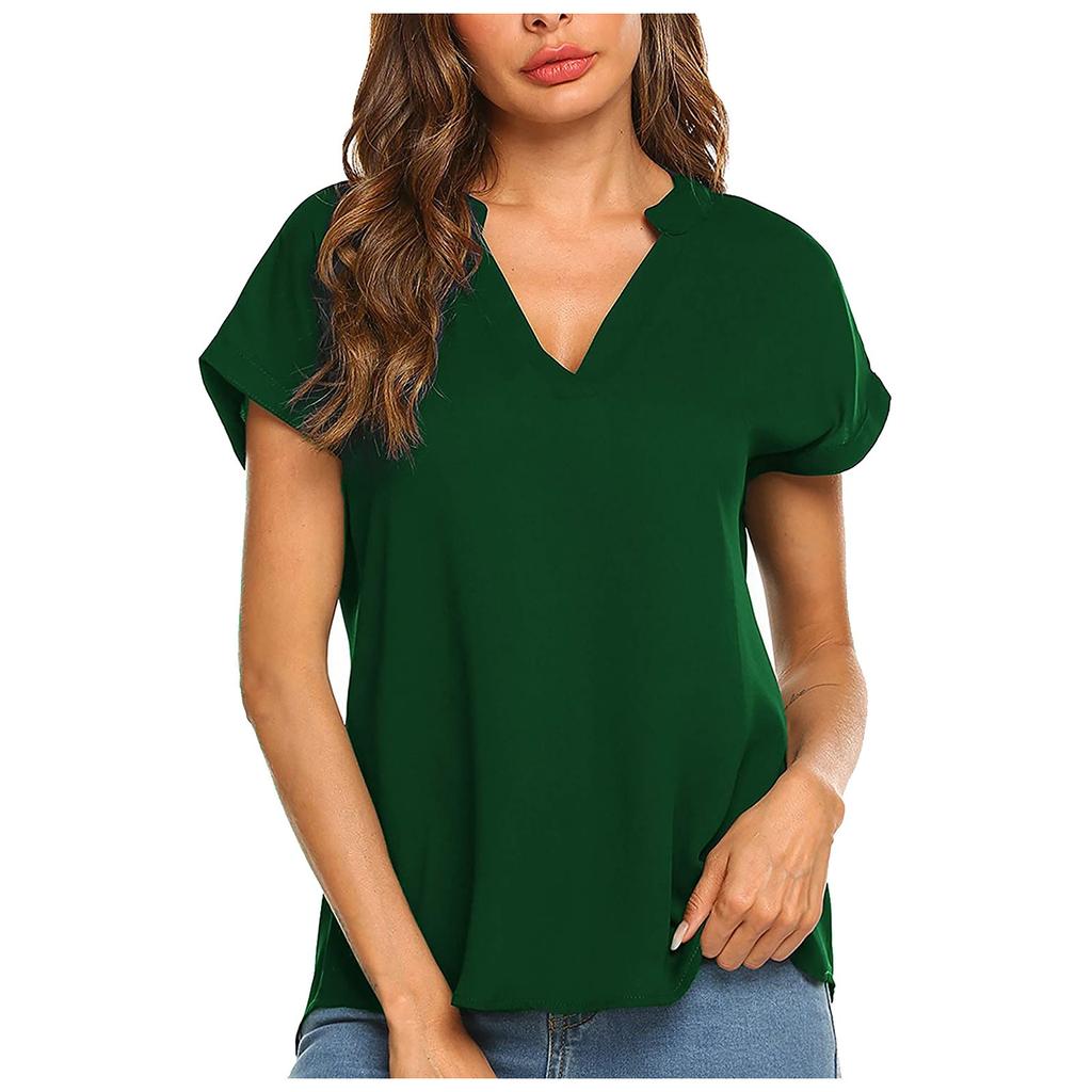 T-Shirt d'été à manches courtes et col en v pour femmes, chemisier en mousseline de soie, couleur unie