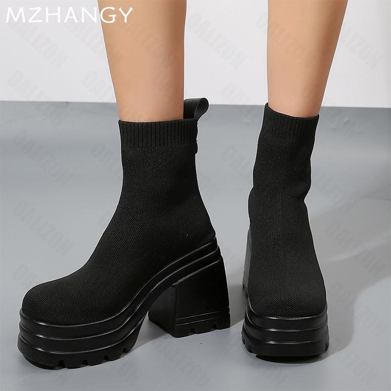 Mode Damen Plateau Stiefeletten Hohe Absätze Mode Sockenstiefel Strickschuhe 2025 Trend Winter Pumps Chelsea Boots Neu Mujer Botas