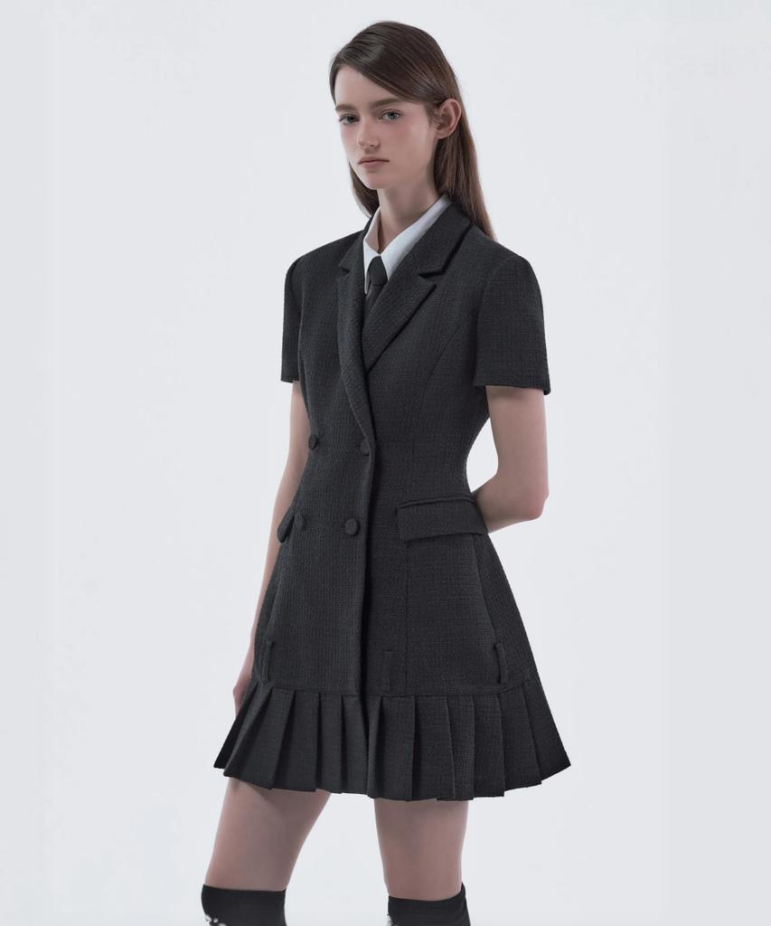 Mausolleum Jenn Pleated Half-Sleeve Suit Jacket Dress - Tweed Black