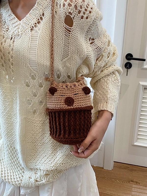 Knit Capybara Mini Handbag With Open Top And Card Pocket For Casual Daily Use
