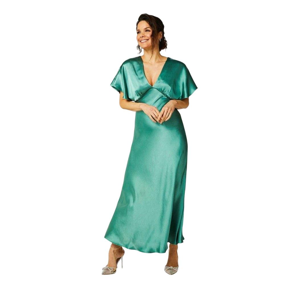 Biba Damen Satin Figurbetontes Maxikleid mit Engelsärmeln