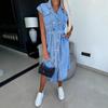Women's Casual Lapel, Sleeveless, Buttoned, Open-chest, Cinched Waist, Lace-up Denim Dress