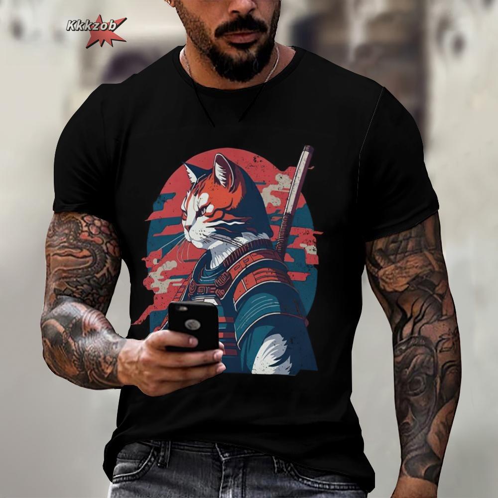 Animal Warrior Cat Print Short Sleeve Pattern Men's T-shirt 3D T-shirt Harajuku Tops Fun O Neck Pullover Summer Men's Casual Clo