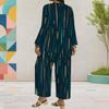 Women Plus Size Printed Round Neck Long Sleeve Layered Top Wide Leg Cropped Pants Two Piece Set