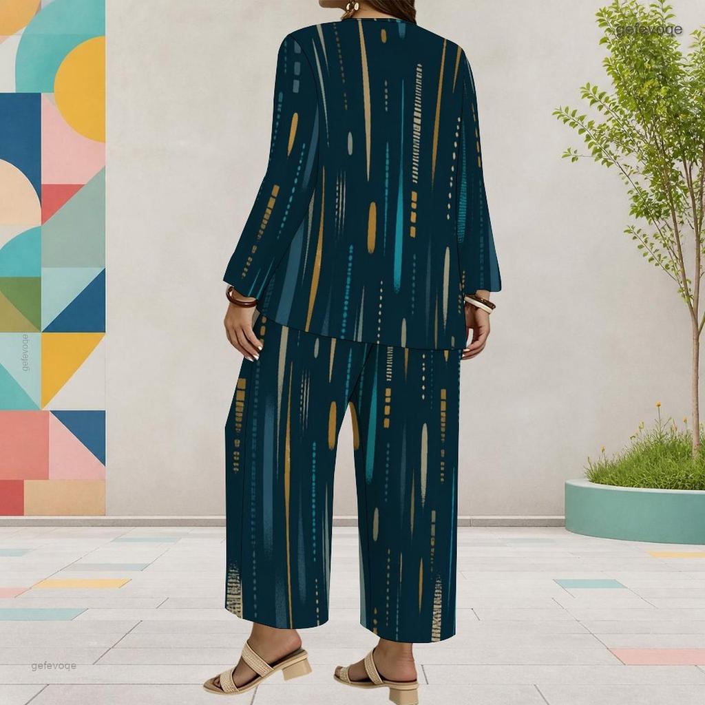 Women Plus Size Printed Round Neck Long Sleeve Layered Top Wide Leg Cropped Pants Two Piece Set